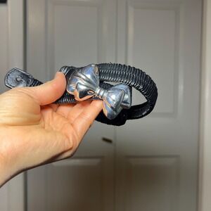 Vintage 80s Black Elastic Waist Belt with Sculptural Silver Bow Buckle